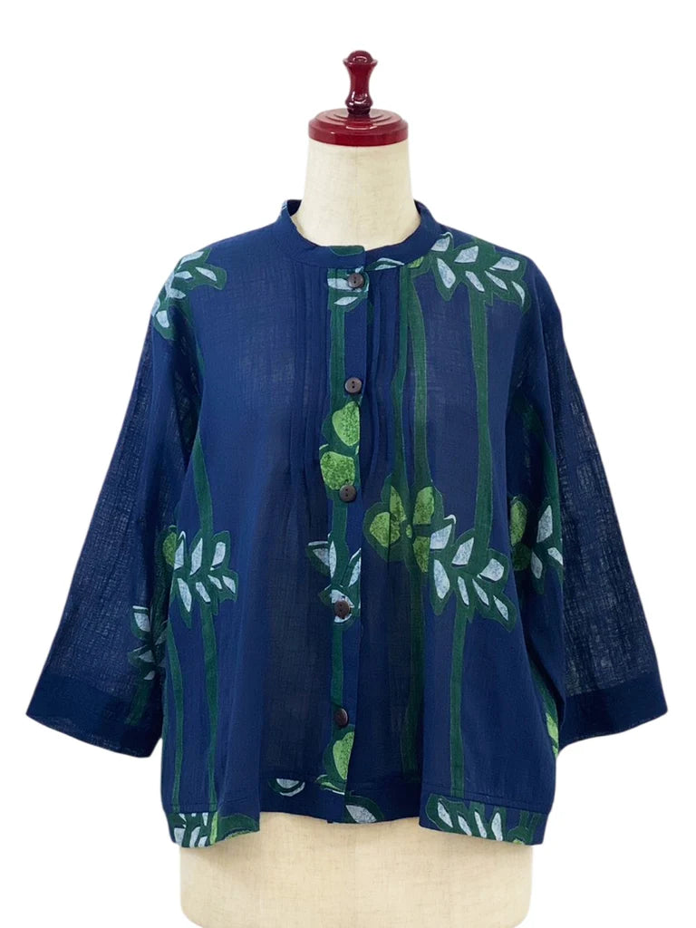 Mona Lisa Pin Tuck Crop Jacket Tsutsugaki Print Dark Blur