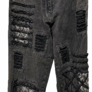 Paper Lace Patchwork Denim Pants With Lace Black