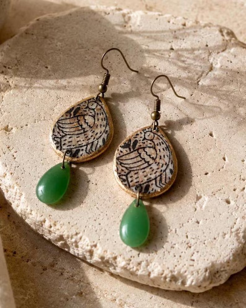 Saeide Art Craft Earrings - Green Stone