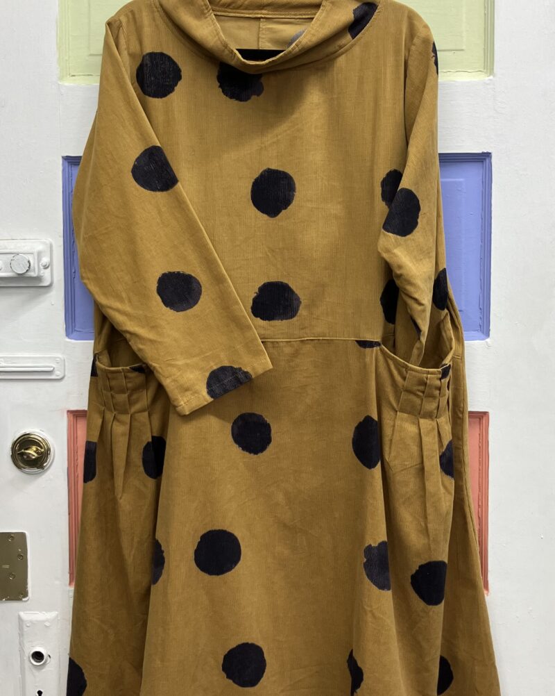 Mona Lisa Cowl Neck Corduroy Dress Watercolor Print Dark Mustard